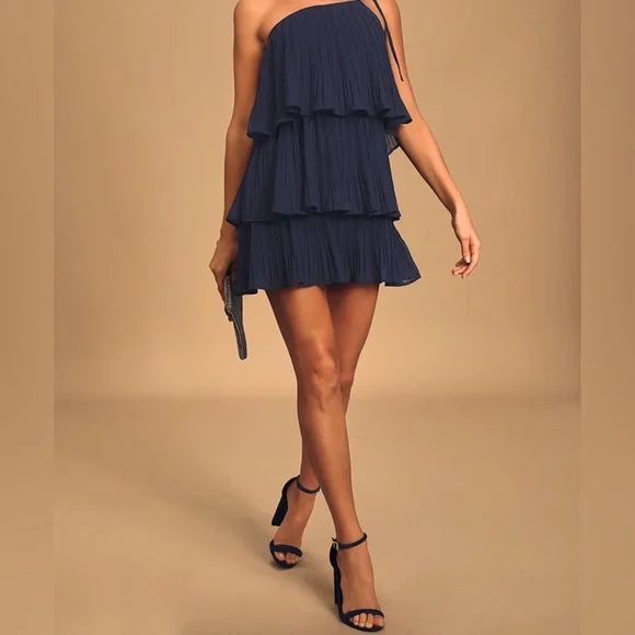 New with Tags Lulu’s Elegant Navy Blue One-Shoulder Dress - Picture 3 of 5